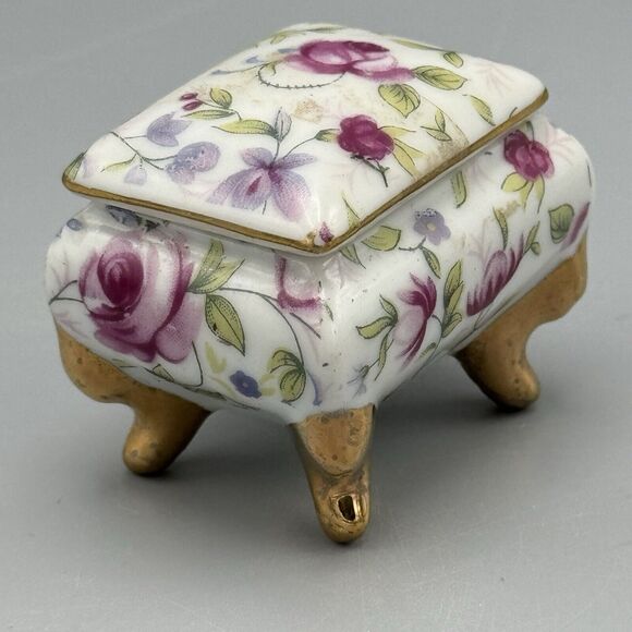 Vtg Footed Rectangle Trinket Box Lid Floral Vanity Glam Victorian Porcelain B141 - Picture 10 of 13